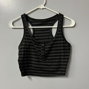 half button racer back crop tank top romwe black gray grunge punk striped sz s